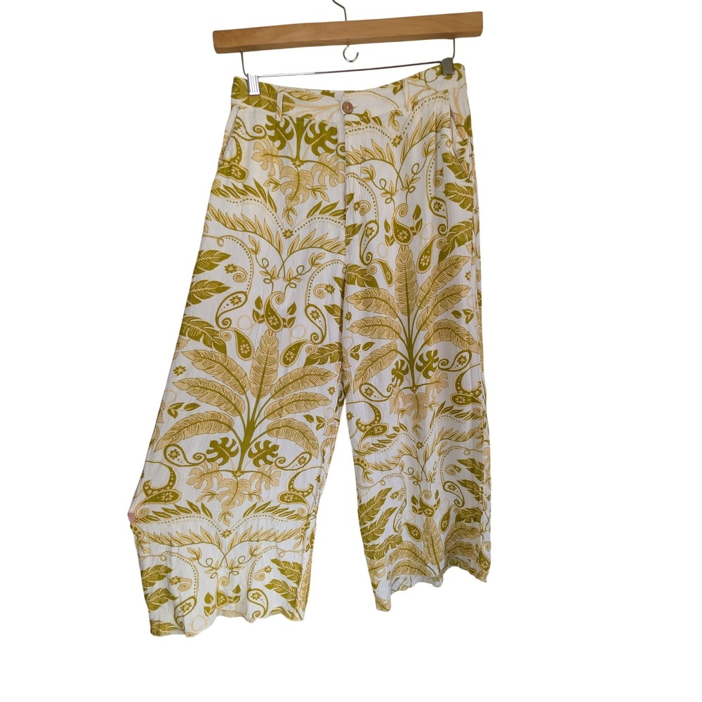 Amuse Society Botanical‎ Paisley Wide Leg Cropped Pants Olive Green Off White L